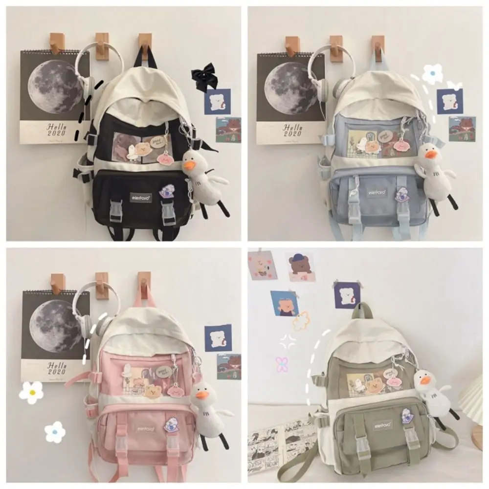 Waterproof Nylon Canvas Schoolbag College Style Harajuku Large Capacity Backpack Korean Style with Pendant School Bag Girl