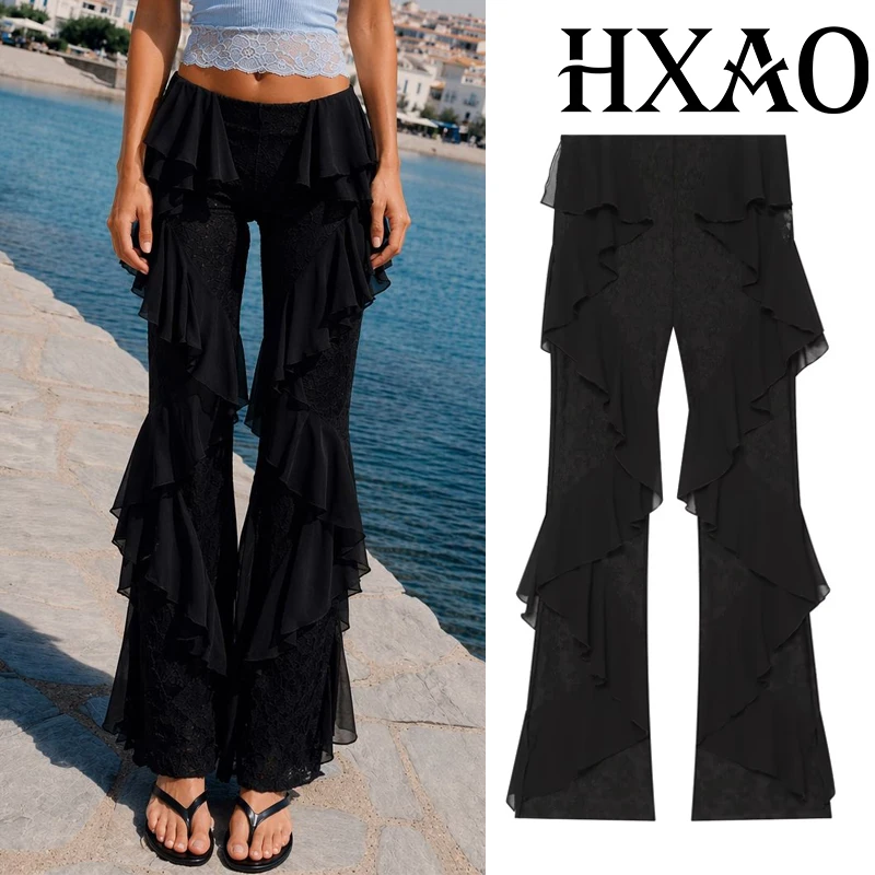 HXAO Multi-Layer Ruffle Women's Pants Summer Baggy Black Wide Pants Woman Lace Fluid Trousers Mid Waist Straight Leg Trousers