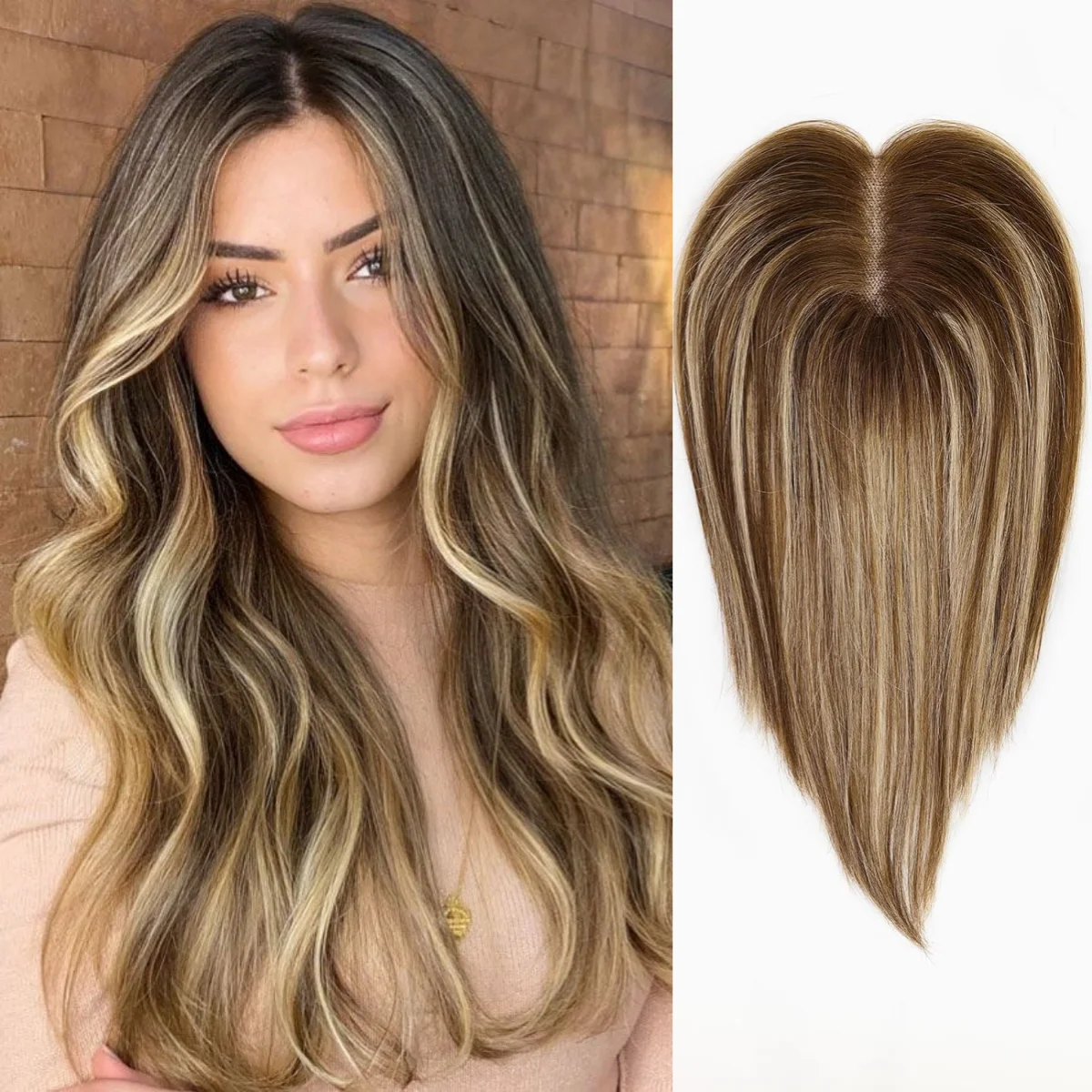 Brown Mixed Blonde Human Hair Toppers Middle Part 100% Remy Human Hair Hand-Tied Hair Toppers with Swiss Lace Base