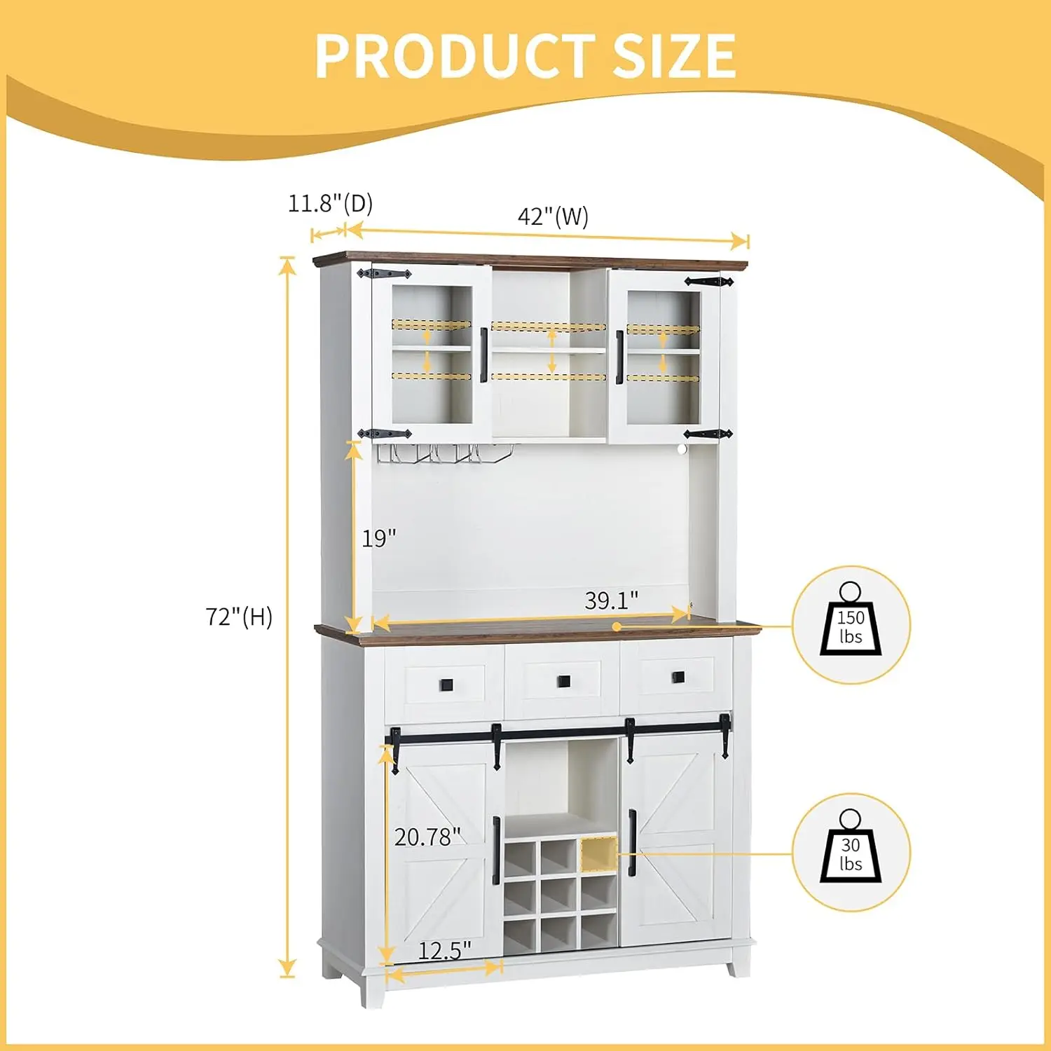 Portabottiglie da Bar da 72 "con porta scorrevole del fienile e luci a LED, mobile Buffet credenza con portabottiglie, 3 cassetti