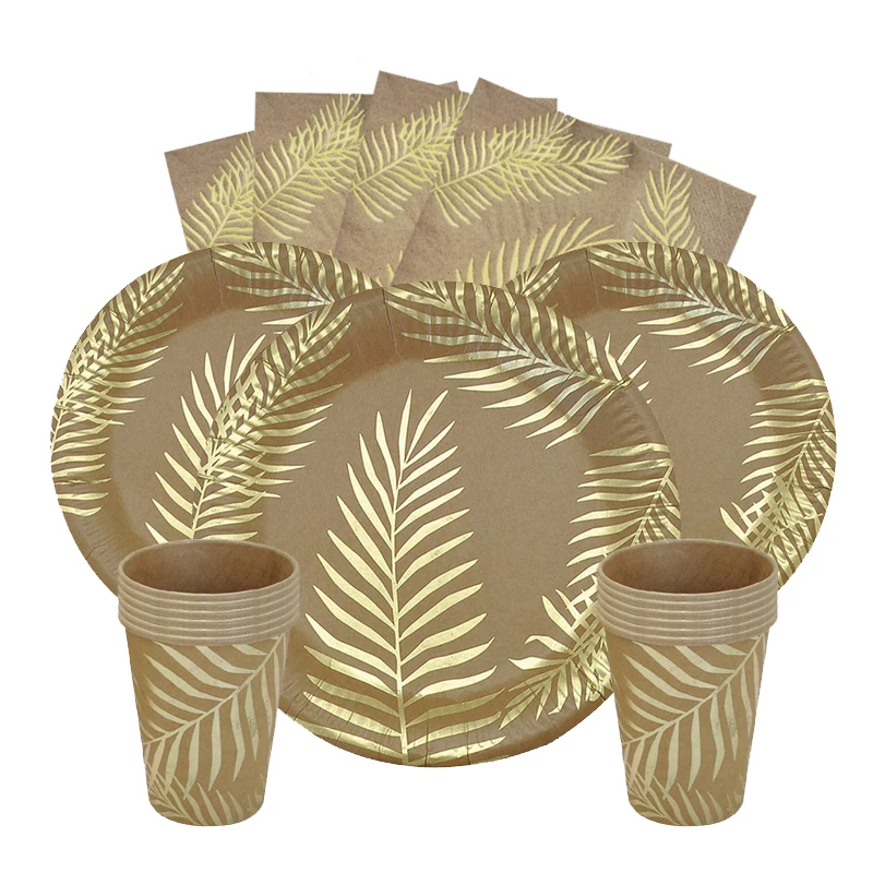 Disposable Kraft Paper Tableware Set Golden Colored Palm Leaf Pattern Plate Cup Towel Straw Party Decor Wedding Birthday Cutlery