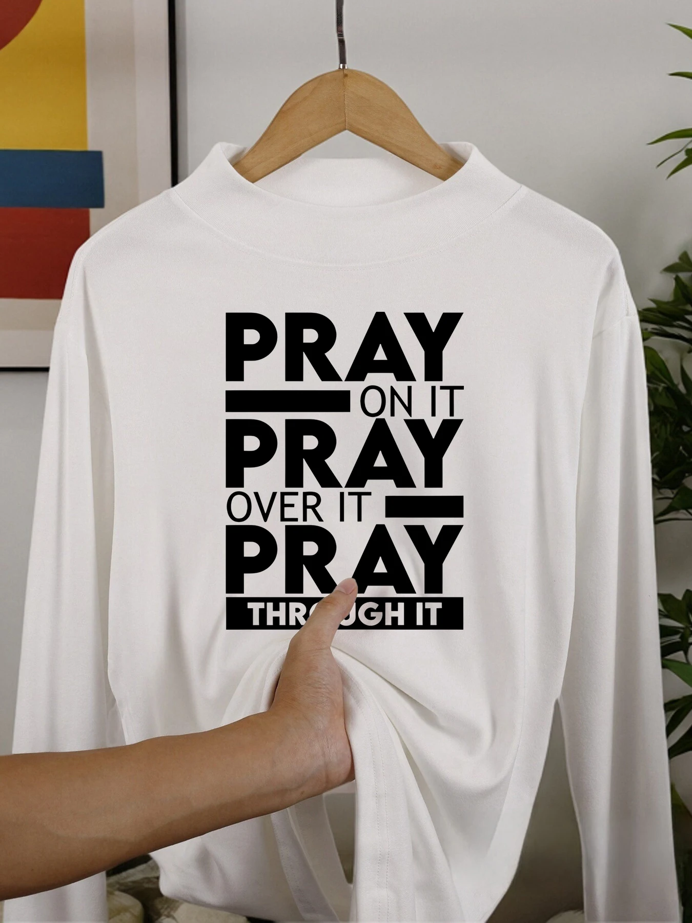 

Let's Pray Together Printing Men Long Sleeved Shirt Half High Collar Warm Shirts Soft Winter Tops Autumn Velvet Fleece Clothing