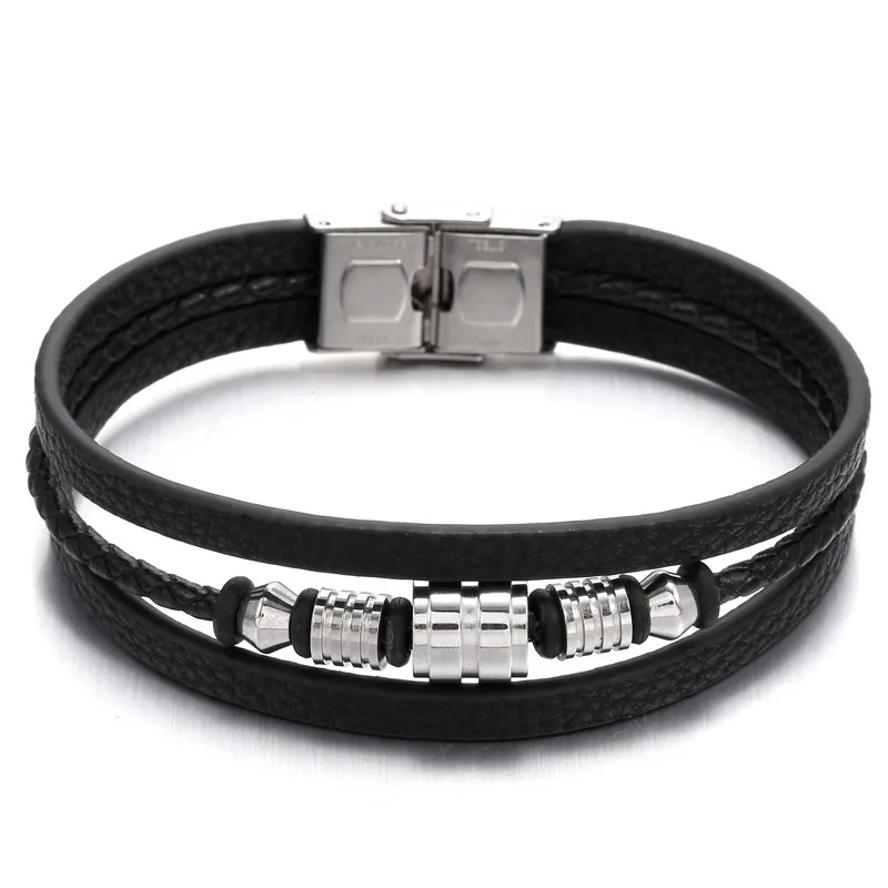 Trendy Fashion Stainless Steel Leather Bracelet Multi Layer Stackable Hip Hop Punk Titanium Steel Bangle