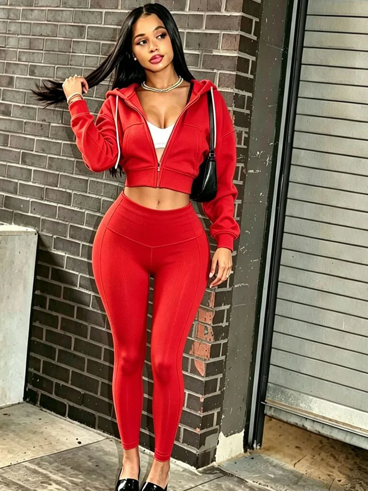 Activewear Casual Tracksuit 2 Pieces Set for Women Fall Clothes Sporty Fitness Long Sleeve Zipper Hooded Sweat Jacket and Pants