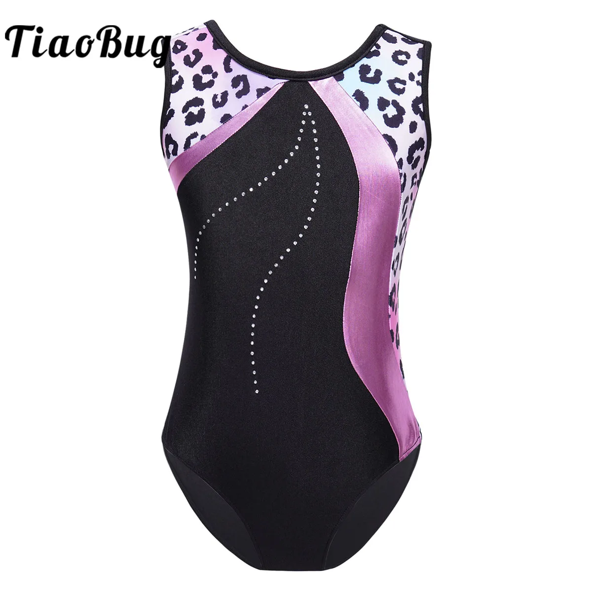 Kids Girls Rhinestones Ballet Dance Leotard Figure Ice Skating Gymnastics Bodysuit Dance Costumes Sleeveless Leopard Jumpsuit