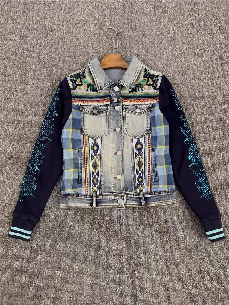 

Foreign trade Spain original order D contrasting color patchwork denim jacket with heavy-duty embroidered printed short jacket