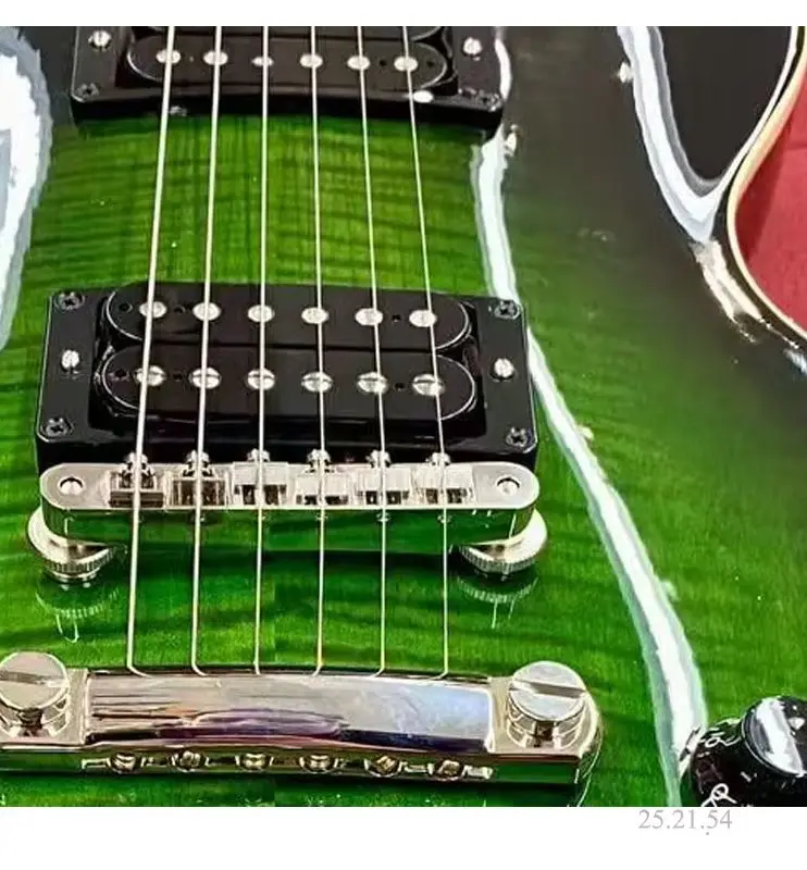 olive green layered wash maple top electric guitar, single cutaway solid body construction slsah