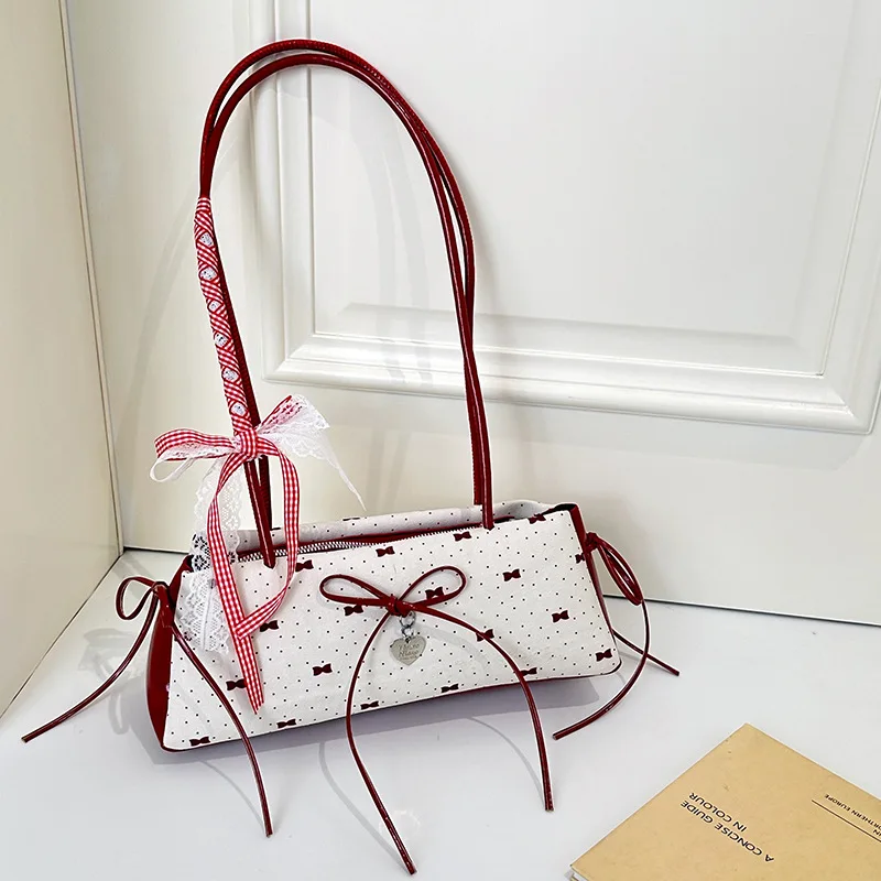 

New Niche Color-Blocked Bag Stylish Bows Women's shoulder bag Creative Small Square Underarm Handbags Sweet Zipper Bucket Bag