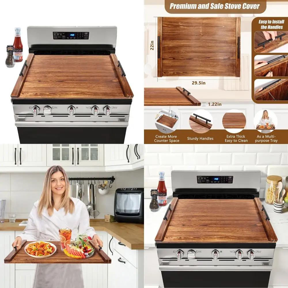 

Solid Pine Wood Stove Cover with Handles, Thick Board for Electric Stoves & Sink Counter Space (Burlywood)