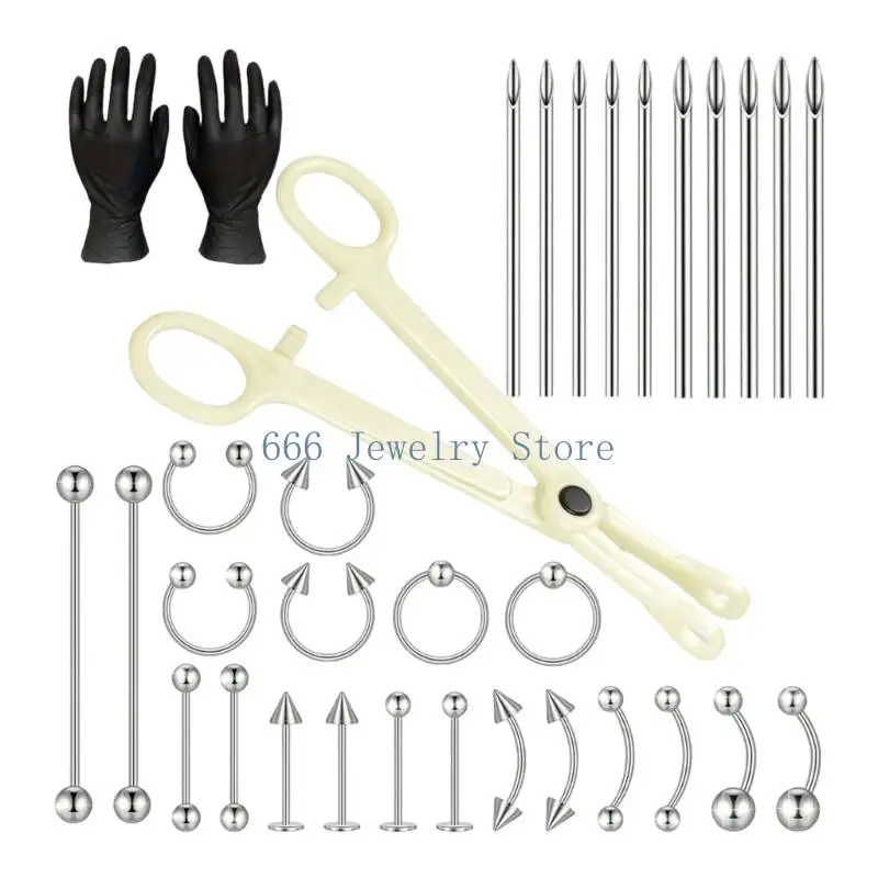 F2TD 32 Pcs Body Piercing Tools Allergy Resistant Surgical Steel Instruments
