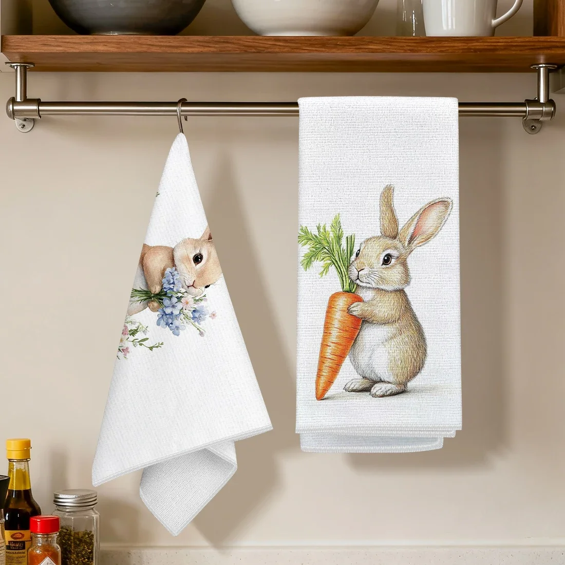 Paquete de 2 Toallas de Cocina con Estampado de Conejito de Pascua, Toalla de Mano Absorbente de Tela de Rizo de Poliéster para Cocina, Baño y Decoración del Hogar