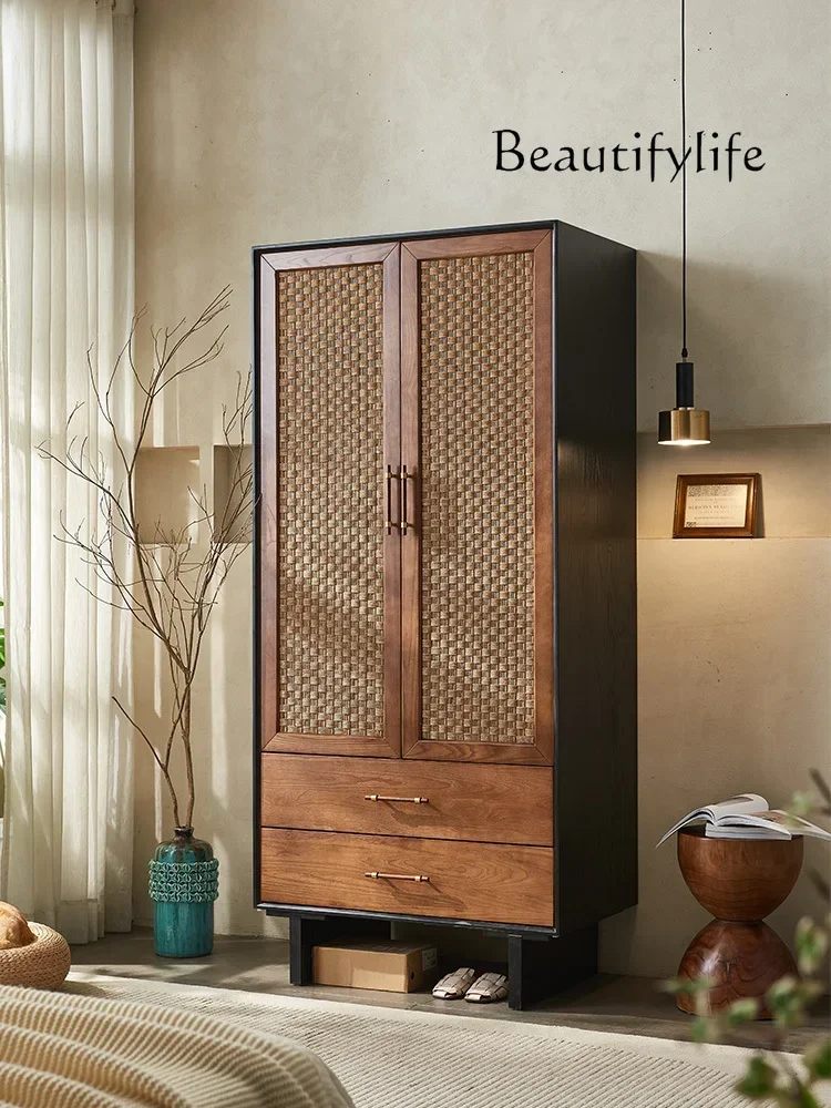 Medieval style solid wood rattan wardrobe storage wabi-sabi style retro homestay bedroom double door coat cabinet