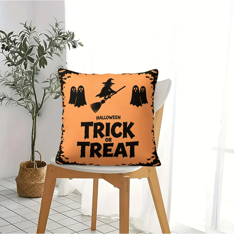 Vintage Halloween Print Throw Pillow With Pillow Insert Funny Crow Ghost Pumpkin Square Cushion Cozy Bed Sofa Decor Holiday Gift