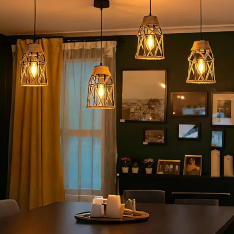 1 Pack Industrial Hemp Rope Pendant Lamp Shade, Small Vintage Boho Hanging Light Shades, Mini Rustic Metal Cage Lampshade for E