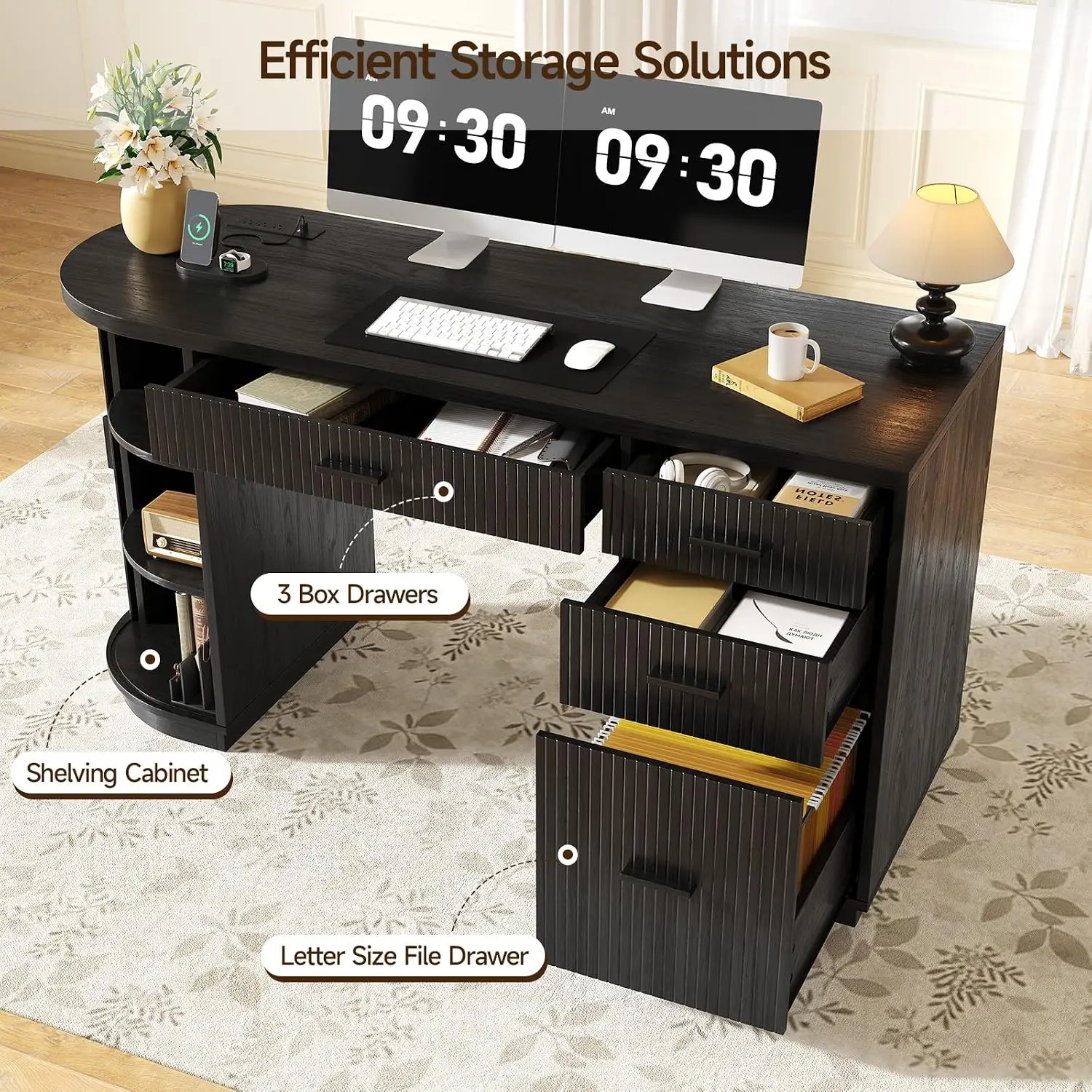 Fluted Executive Desk with File Drawer 58 Inch Black, Customized