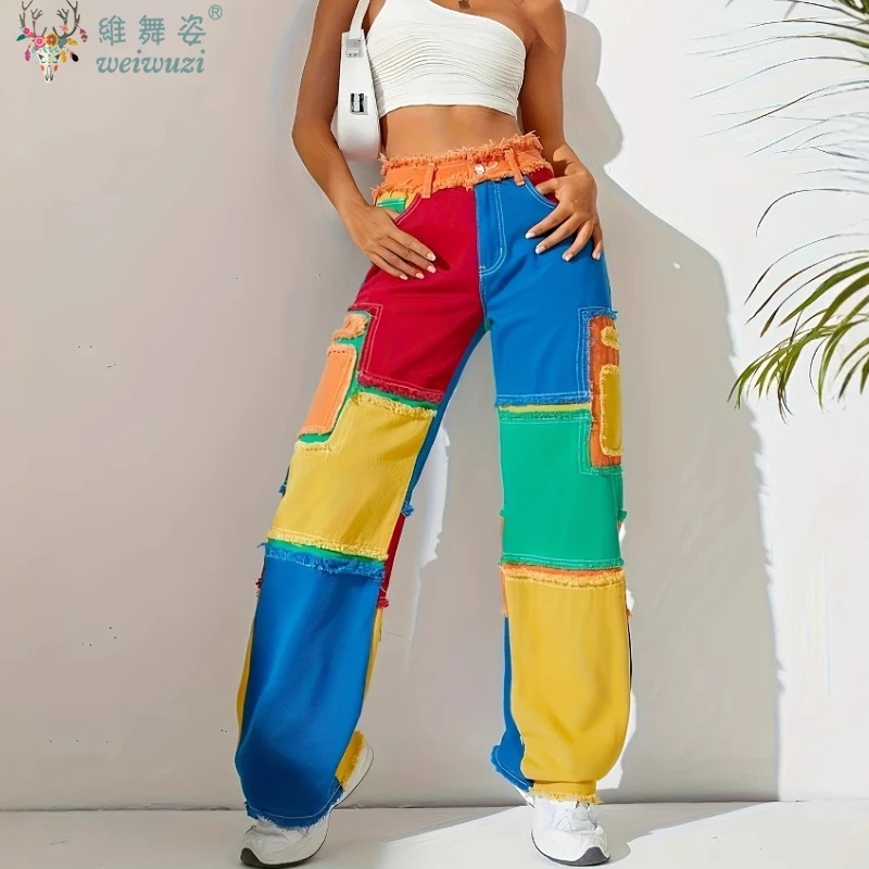 Y2K-pantalones vaqueros coloridos desgastados para mujer, pantalones vaqueros de cintura alta, ropa de calle holgada con bloques de Color, Vaqueros rectos de hip hop frescos energéticos