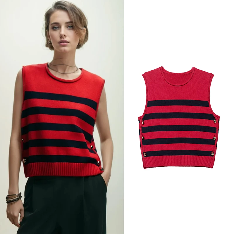 

Autumn New Sweater Vest Women's Fashion Stripe Elastic Slim Elegant Women's Sweater Street Chic Joker Knit Pullover