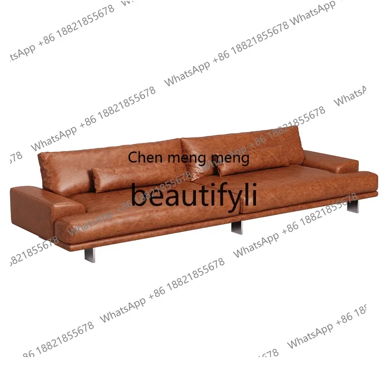 

French retro all-leather sofa modern light luxury oil wax leather three-person leather art sofa