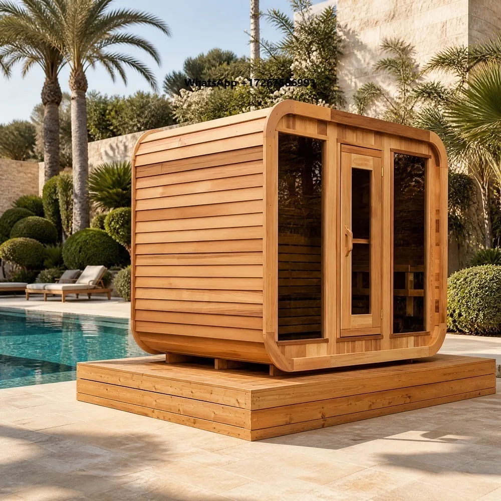 Outdoor Far Infrared Sauna Cabin Red Cedar Steam Sauna Room with Transom Windows Modern Poolside Wellness Studio