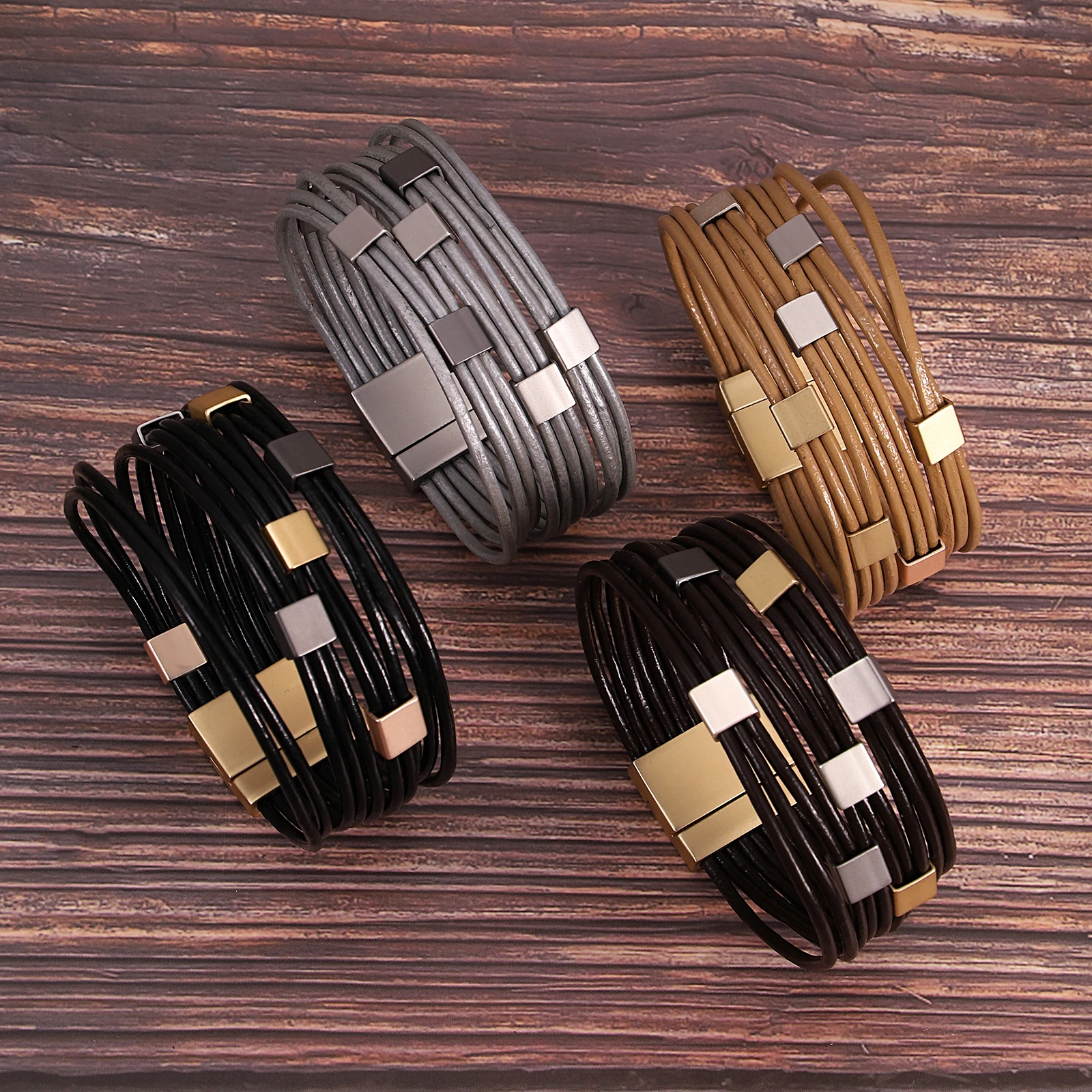 

Amorcome Minimalist Block Metal Buckle Leather Bracelet Women Multilayer Thin Chain Stackable Winding Bracelet Exquisite Jewelry