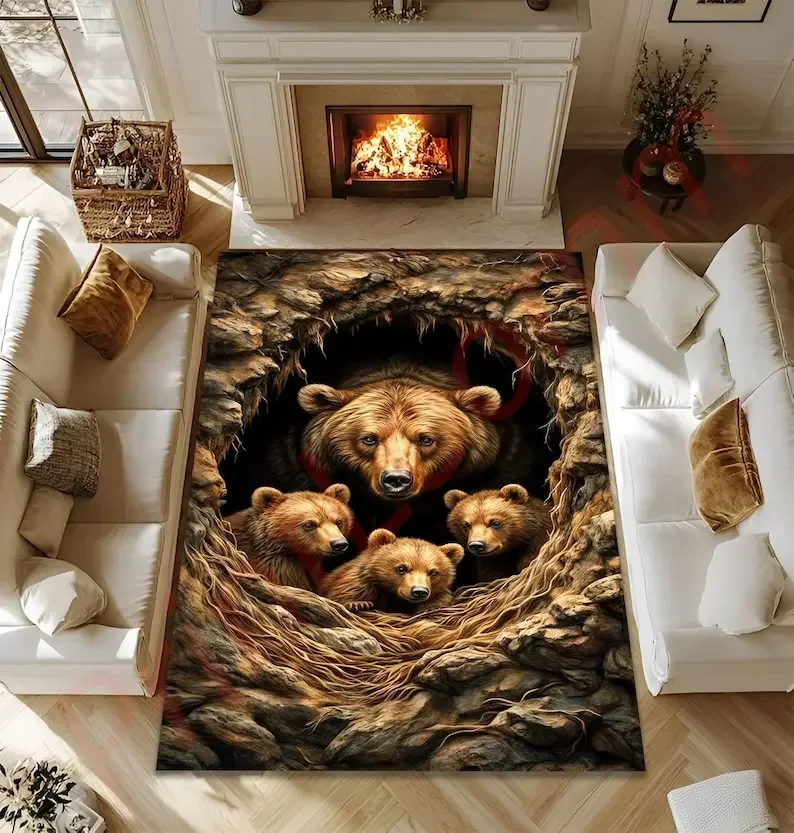 Bear Family Rug With Nature Cave Design, Cozy Woodland Animal Carpet, Rustic Lodge Living Room Decor