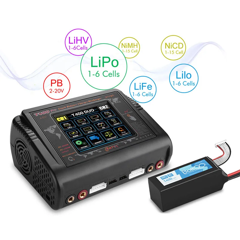 HTRC T400 Pro DUO 電動バッテリー充電器 400W DC/200W AC 12Ax2 RC充電器放電器 LiHV LiFe Li-lon LiPoバッテリー対応