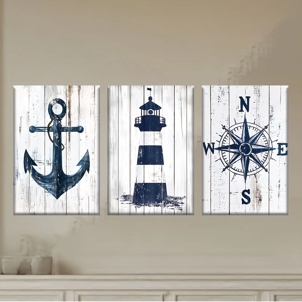 （No Frame 3PCS）-[JIT]3pcs/set, Canvas painting--Unframed, Charming vintage style anchor, lighthouse and compass, Posters and