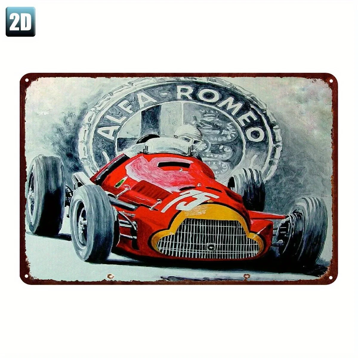 Image of Blechschild für Rennwagen – Retro-Wandkunstdekoration aus Metall, lebendiges rotes und gelbes klassisches Rennwagen-Design mit komplizierter Details,