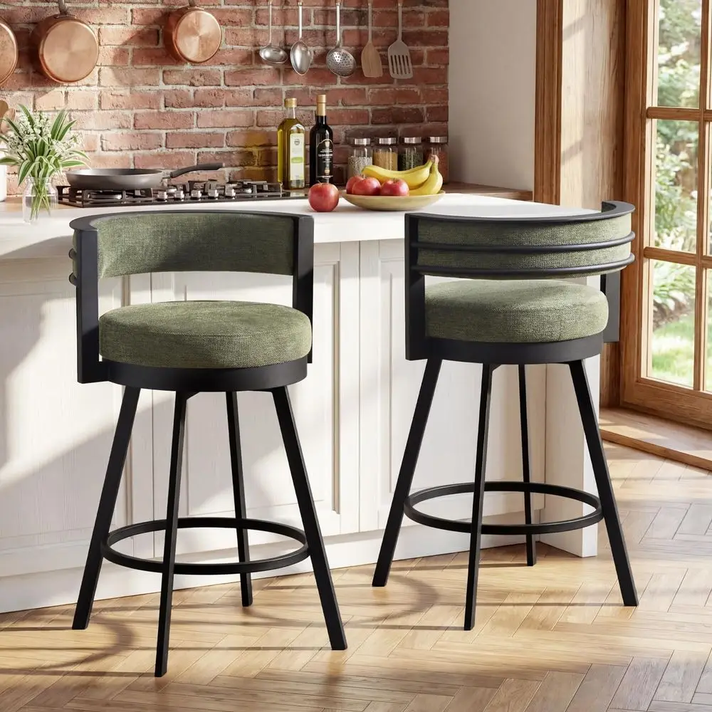 

Swivel Counter Height Bar Stools Set of 2, 26.6 Barrel Counter Stools, Linen Barstools with Back and Metal Base for Kitchen Isl