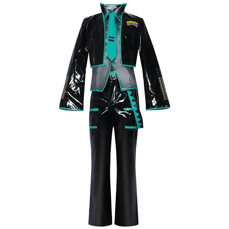 

qq273Mikuo Мужской Мику Косплей Костюм Униформа Парик Аниме Одежда Черная Куртка из искусственной кожи Брюки Необычный наряд для Хэллоуина Женский