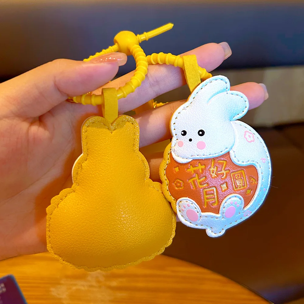 Mid-Autumn Festival Rabbit Keychain, Cute Leather Mooncake Bag Charm,Couple Pendant Gift,Cute Festival Bag Charm,Leather Keyring