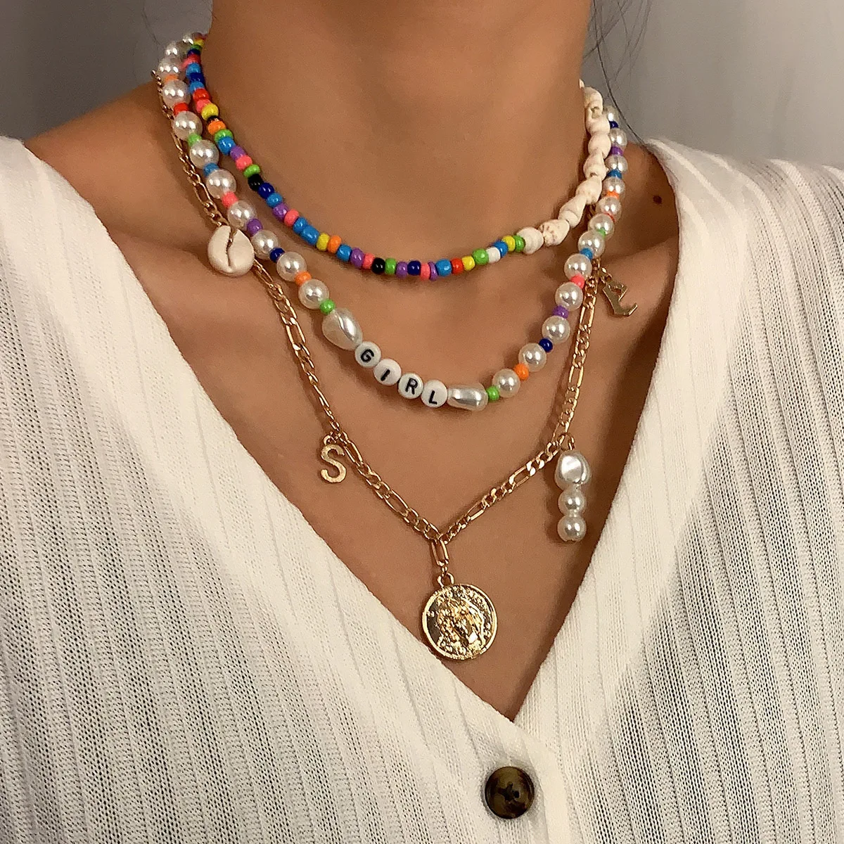 Faux Pearl Multi Layer Necklace Shell Heart Pendant Beach Vacation Stackable Sturdy Refined Jewelry Women Silver Plated