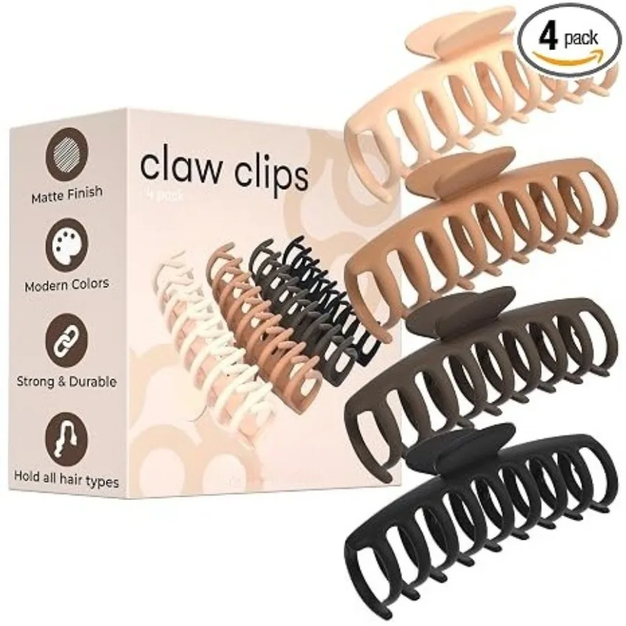 Extra Large Claw Clips For Thick Hair – Hair Claws Pack, Large Hair Clips For Thick Hair, Claw Clip Pack, Hairclips, Hairclips. For Women, Ganchos Para El Cabello – Non Slip Matte Finish, Neutral, 4 Pack