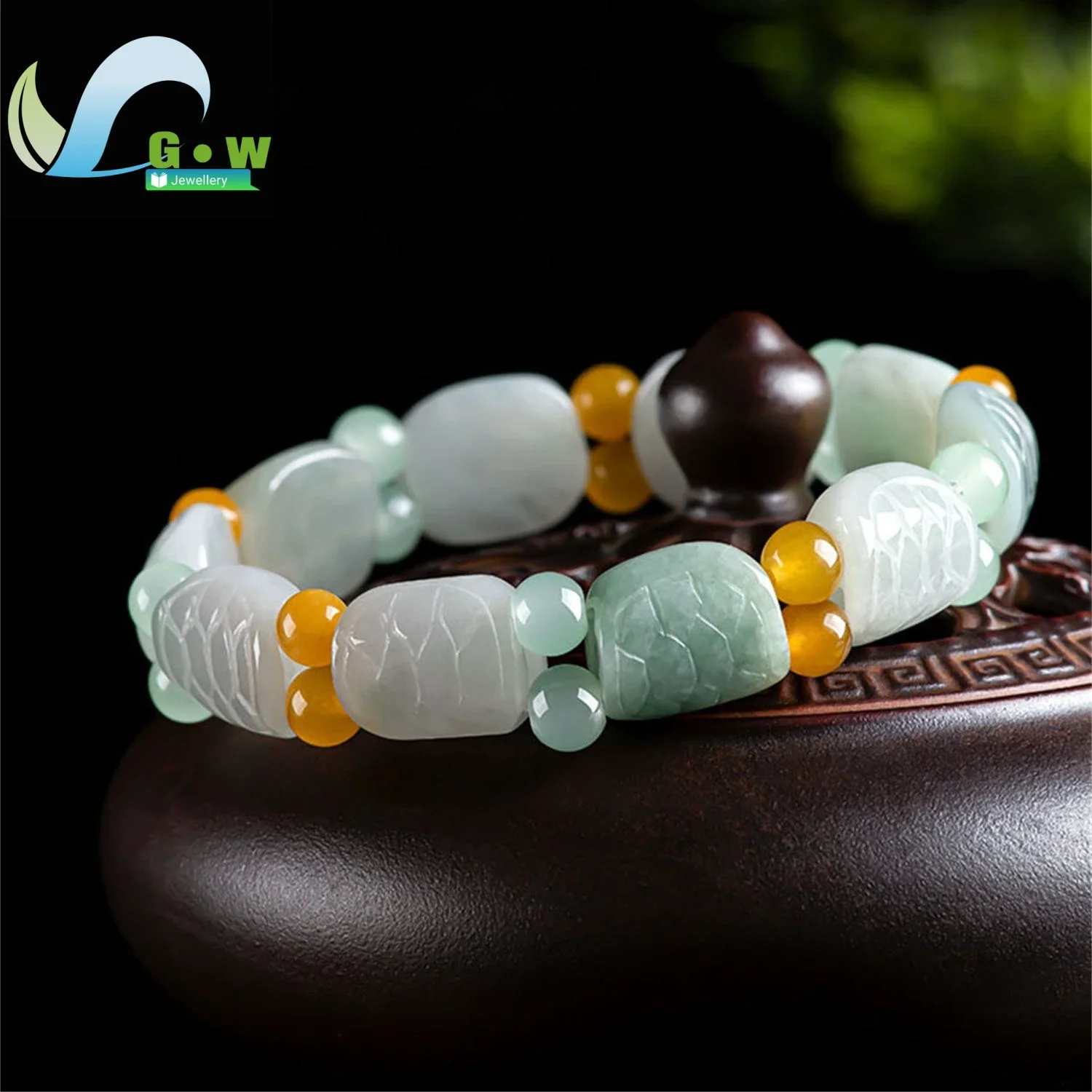 Natural Jade Bead Bracelet Hand Carved Tortoise Shell Pattern Symbolic Wealth Luck Jewelry Adjustable Unisex Stone Men Women