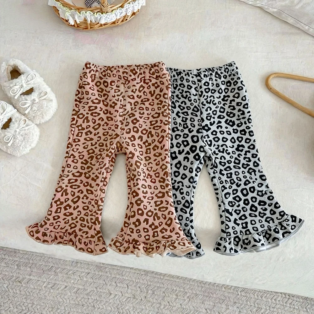 

Toddler Girls Leopard Print Pants Spring Elastic Waist Soft Ruffles Flared Pants for Kids Casual Children Bell-bottom Trousers