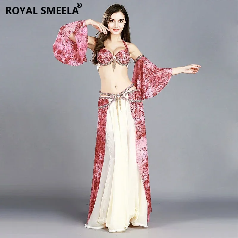 Sexy Dancing Wear Pink Belly dancing costume Women Rhinestones Belly Dance Outfit belly dancer Bra+Belt+Skirt+Arm Sleeves