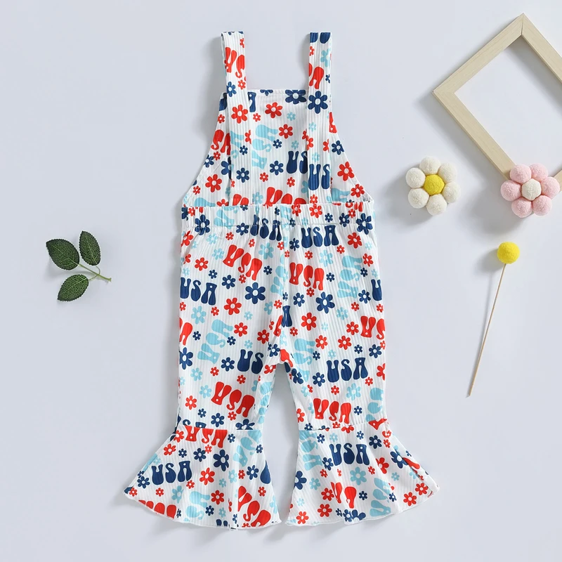 

Girls Summer Sleeveless Floral Print Sling Jumpsuit with Letter Detail and Adjustable Suspender Pants for Toddlers