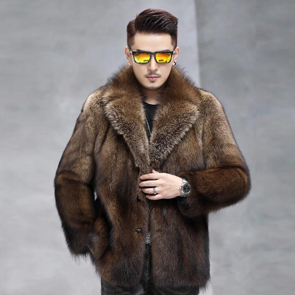 Denny&Dora Men's Mink Fur Jacket Suit Collar Fur Coat Brown Casual Coat Winter Fur Coat