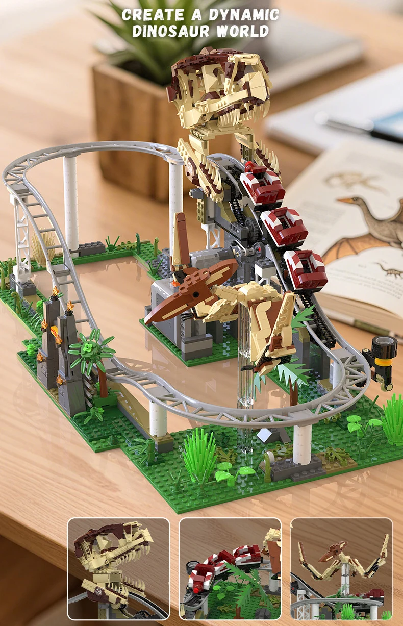 Jurassic Dinosaurier Park Fahrgeschäfte Elektrischer Baustein Tyrannosaurus Rex Pterosaurier Achterbahn Modell Bausteine BO Spielzeug als Geschenke – Detail 3