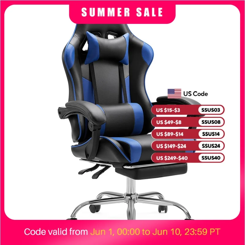 JHK chaise de jeu de course ergonomique pivotante réglable en cuir PU avec appui-tête et soutien lombaire pour ordinateur de bureau salon