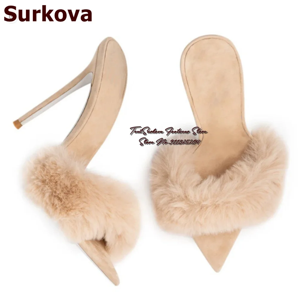 Surkova Beige Grey Fur Mules Women Sky High Heels Pointed Toe Modern Slippers Sweet Fluffy Dess Shoes Furry Slip-On Sandals