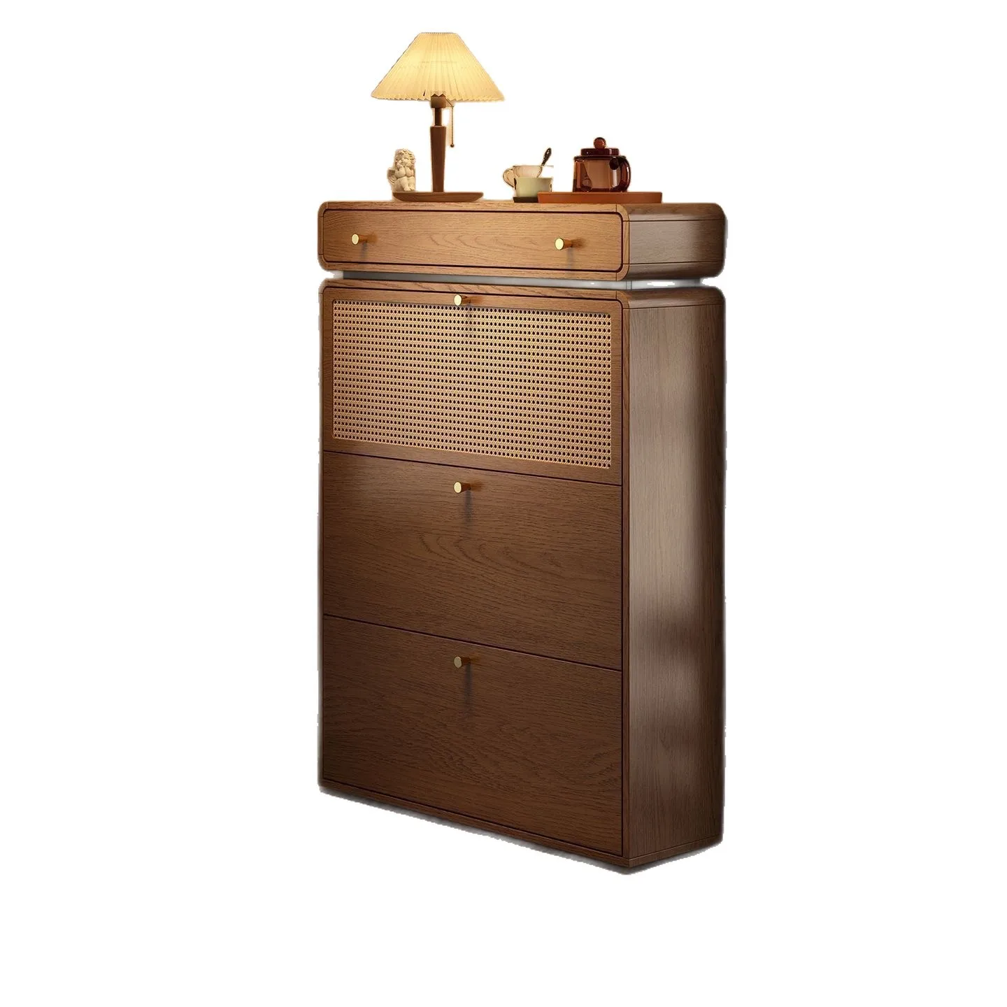 YJQ solid wood ultra-thin tipping bucket shoe cabinet large-capacity storage cabinet against the wall rattan entrance cabinet