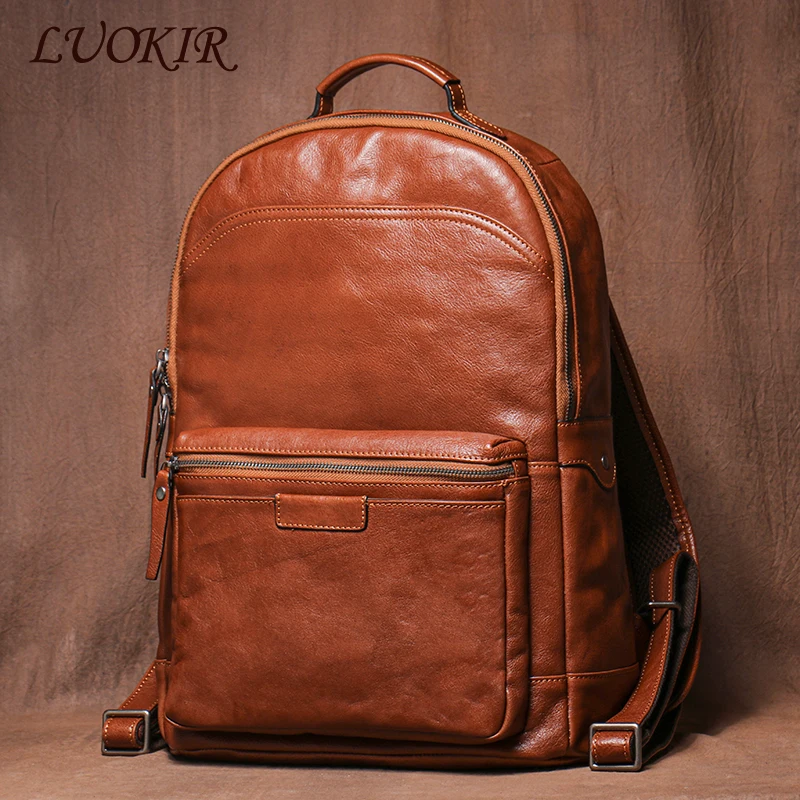 

LUOKIR Men's Genuine Leather Backpack Vintage Large Capacity Schoolbag Business Knapsack Travel Computer Bag For 16 Inch Laptop