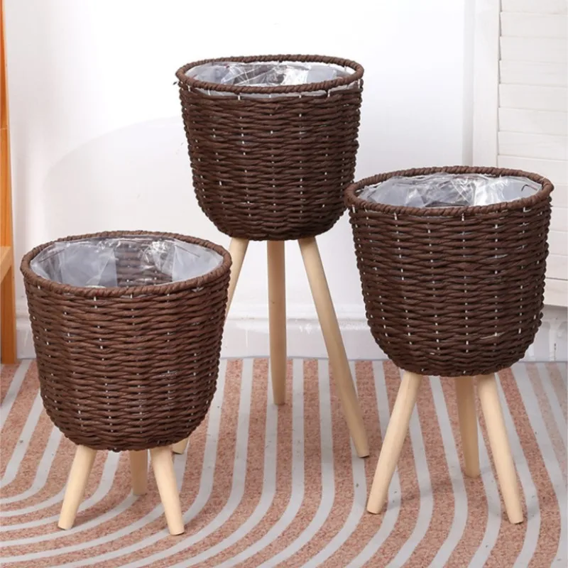 Handwoven Rattan Plant Stand Durable Tall Wooden Legs Flower Pot Holder for Indoor Plants, Multiple Sizes, Minimalist Decor
