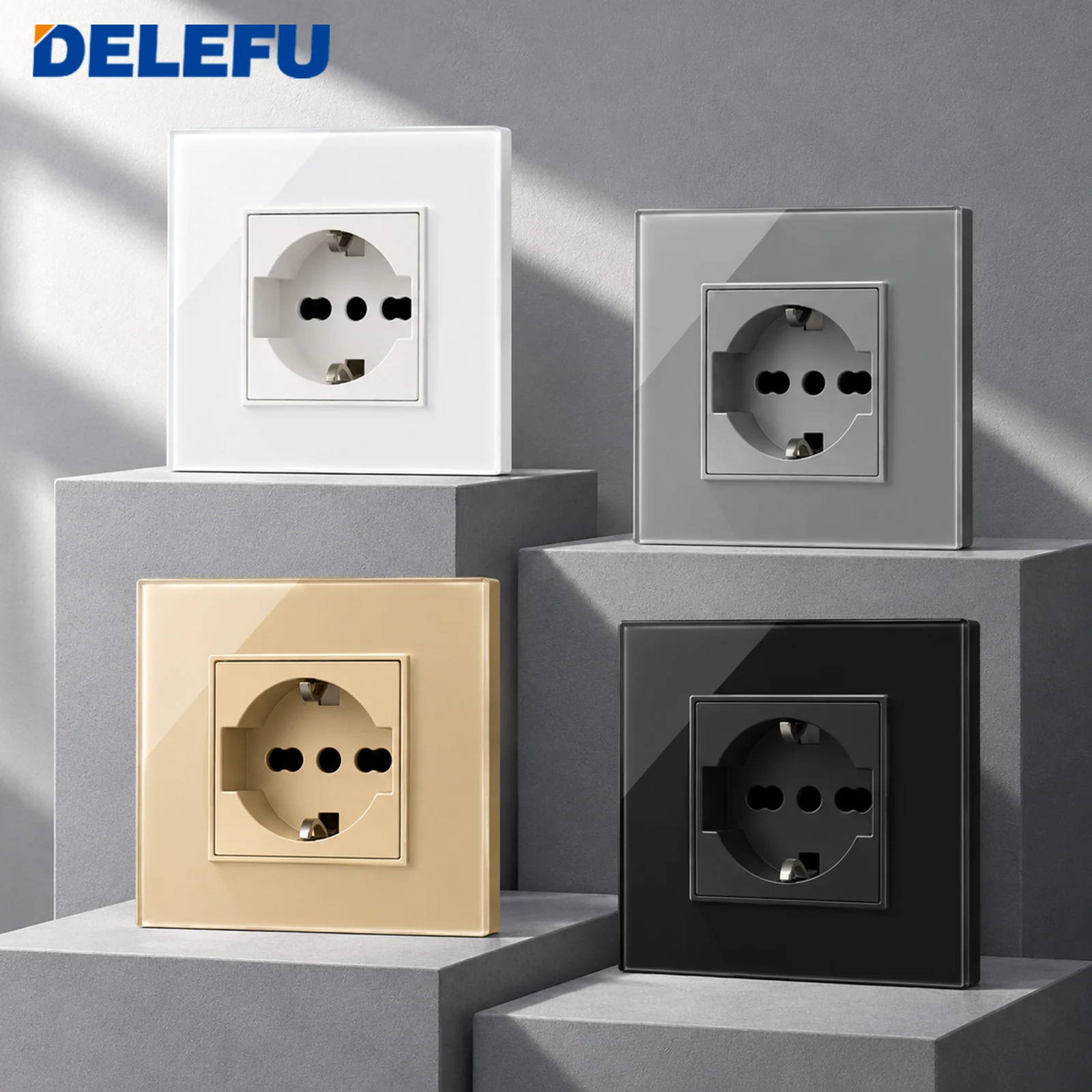 DELEFU 16A EU Schuko Italian Bipasso Wall Socket Luxury Glass Panel Power Outlet 86x90mm White Black Gray Gold