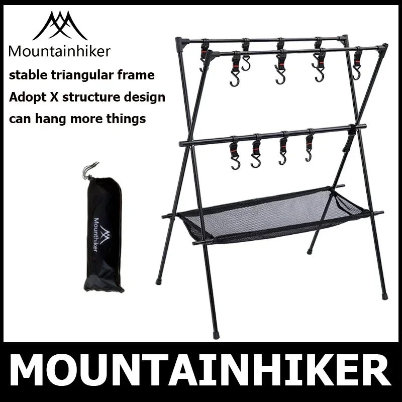 

Mountainhiker Outdoor Cookware Rack, Folding Camping Triangle Rack, Mesh Basket (12 Hooks Included) + Storage Bag