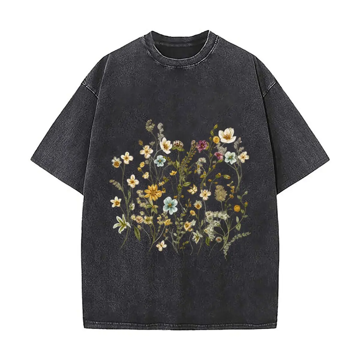Vintage Wildflower Cluster Botanical Floral Illustration Washed Short Sleeve Loose Streetwear Tee Hip Hop