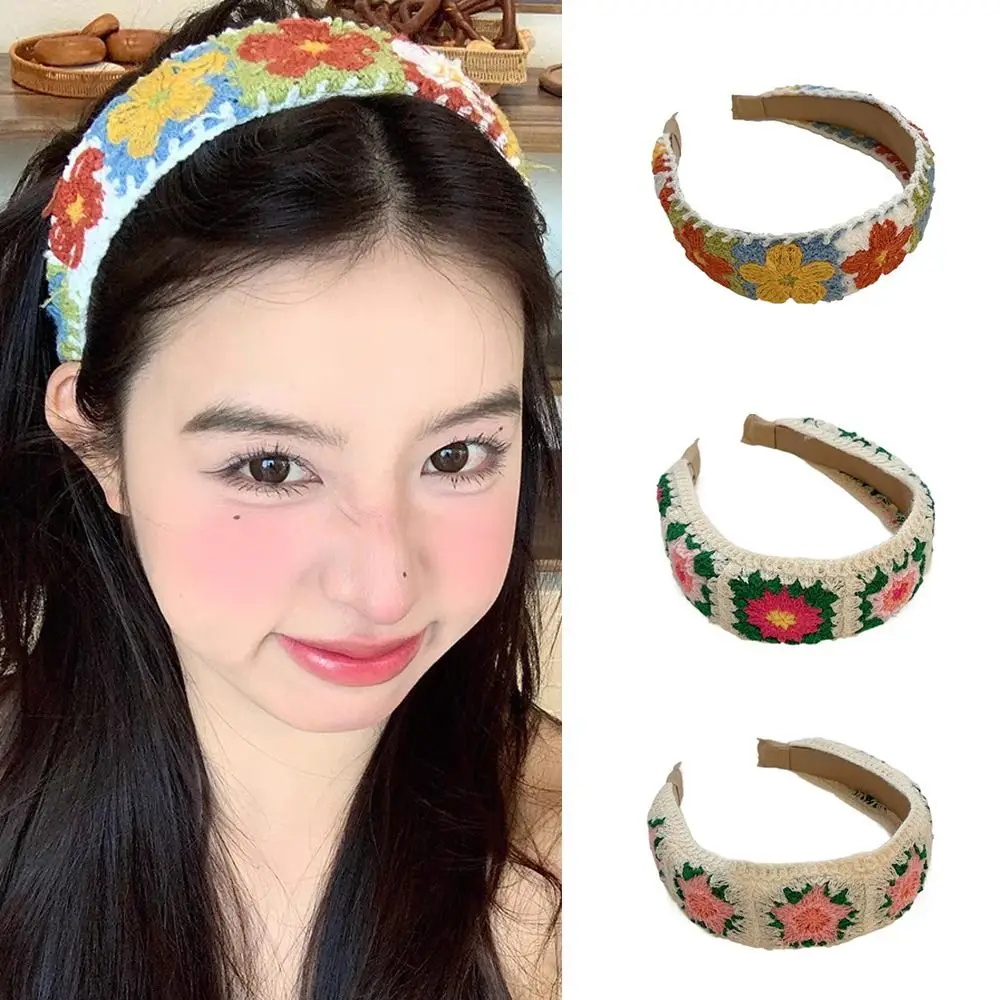 

Bohemian Style Floral Knitted Hairband Hollow Out Colorful Embroidered Crochet Headband Hair Accessories Headwear