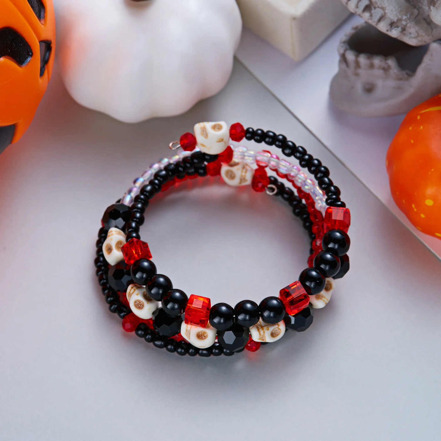 Spooky Skull Crystal 4-Layer Bangle Bracelet for Women Halloween Statement Stackable Bracelet Party Jewelry