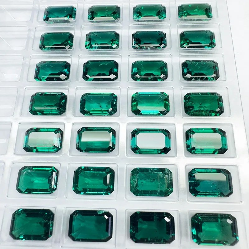 Lab Grown Zambian Emeralds Emerald Cut Hydrothermal Hand Cutting with Cracks Inclusions Inside Charms Jewelry Making Certificate